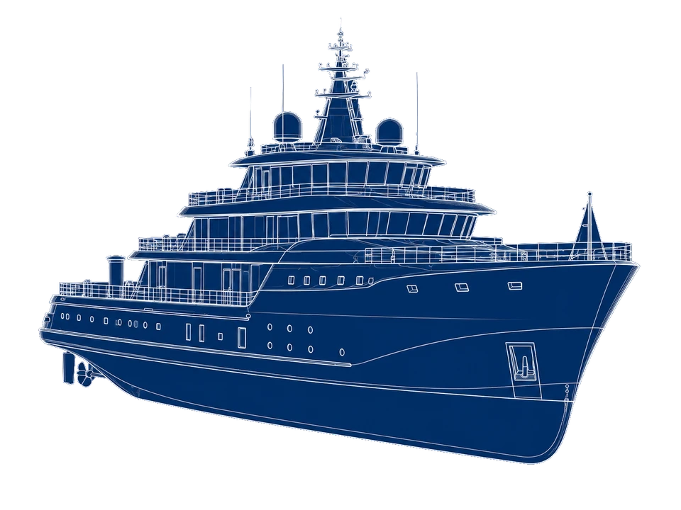 Vista assonometrica di uno yacht, con scafo e sovrastrutture delineati